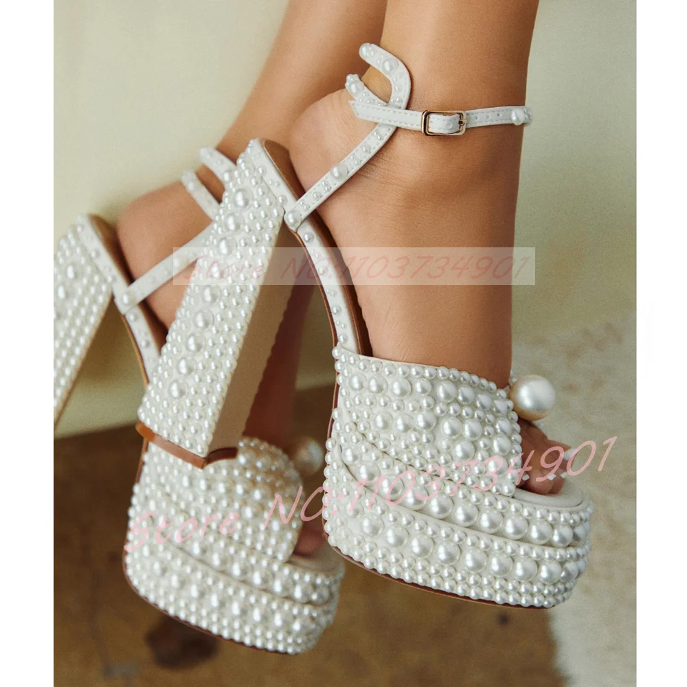 Wedding Super - Sandalias de plataforma de perlas blancas